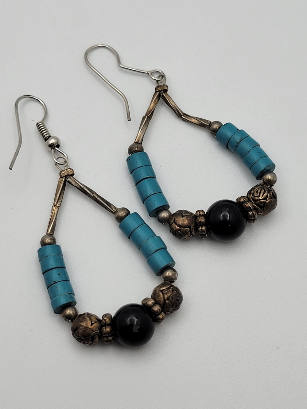 Faux Turquoise & Black Bead Teardrop Earrings
